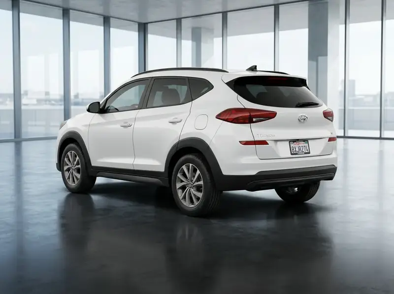 Samma vita SUV i modern glas-showroom efter redigering